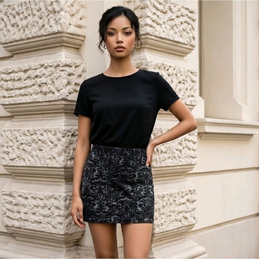 Express Shiny Brocade Grey Denim A-Line Skirt Silver Shimmer Party Textured Mini